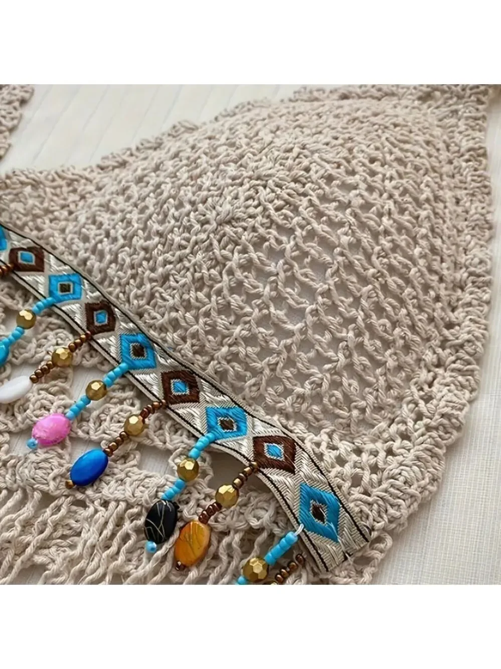 Crochet Halter Bra with Cropped Tassel Hem Summer Sleeveless Casual Top - Picture 3 of 8